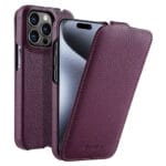 MELKCO For iPhone 15 Pro Flip Case Genuine Leather Vertical Phone Cover