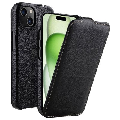 MELKCO For iPhone 15 Flip Case Genuine Leather Vertical Phone Cover