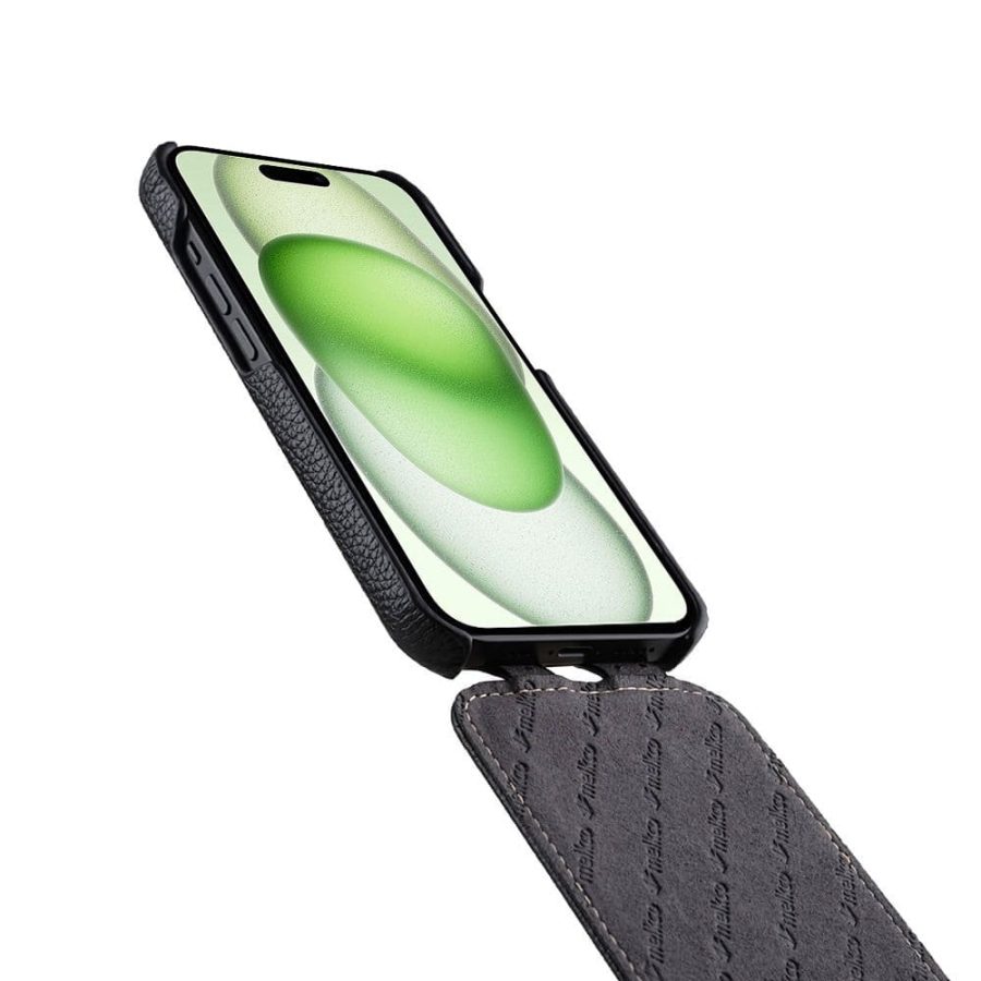 MELKCO For iPhone 15 Flip Case Genuine Leather Vertical Phone Cover