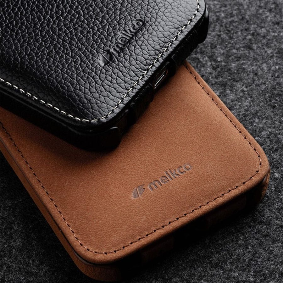 MELKCO For iPhone 15 Flip Case Genuine Leather Vertical Phone Cover