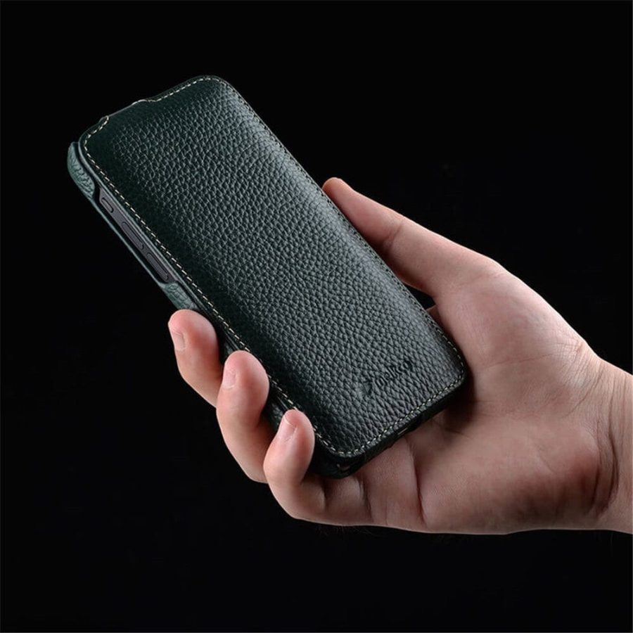 MELKCO For iPhone 15 Flip Case Genuine Leather Vertical Phone Cover