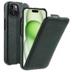 MELKCO For iPhone 15 Flip Case Genuine Leather Vertical Phone Cover