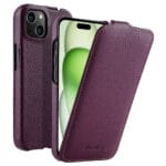 MELKCO For iPhone 15 Flip Case Genuine Leather Vertical Phone Cover