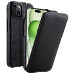 MELKCO For iPhone 15 Plus Flip Case Genuine Leather Vertical Phone Cover