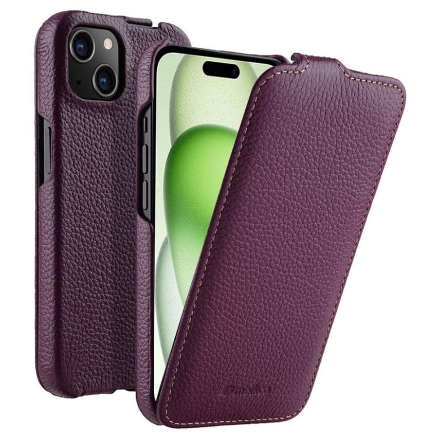 MELKCO For iPhone 15 Plus Flip Case Genuine Leather Vertical Phone Cover