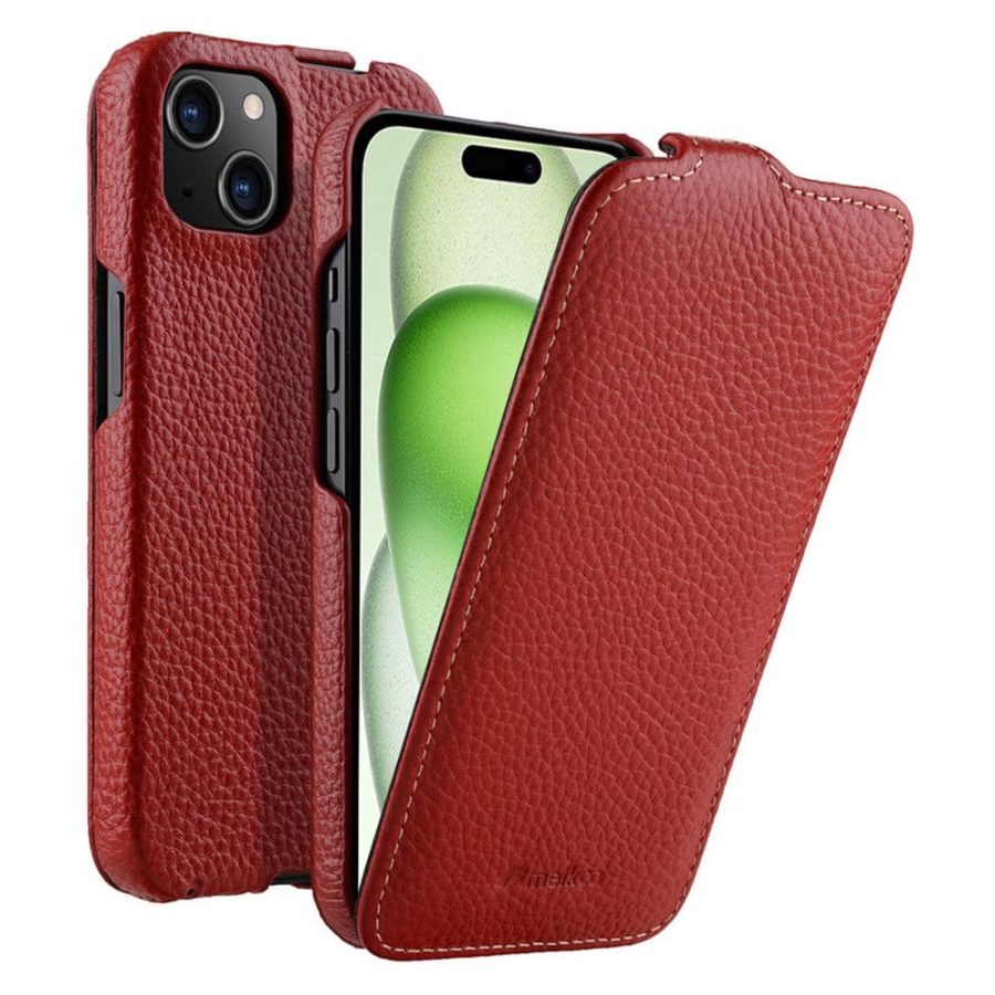 MELKCO For iPhone 15 Plus Flip Case Genuine Leather Vertical Phone Cover