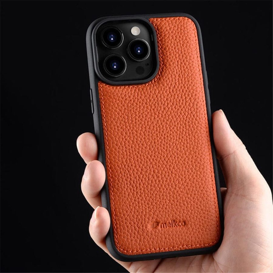 MELKCO For iPhone 15 Pro Case Genuine Leather Coated Phone Cover