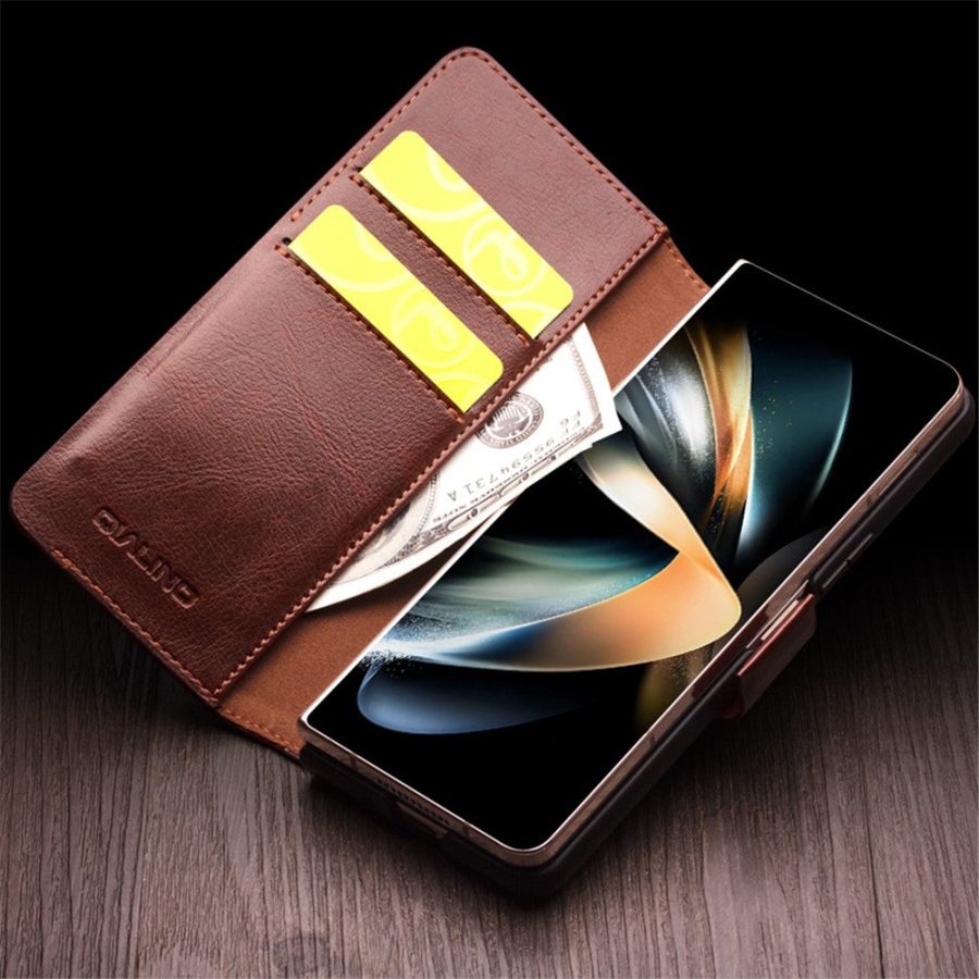 660172237B-11 QIALINO For Samsung Galaxy Z Fold4 Wallet Case Waxy Genuine Leather Flip Phone Cover with Magnetic Closure