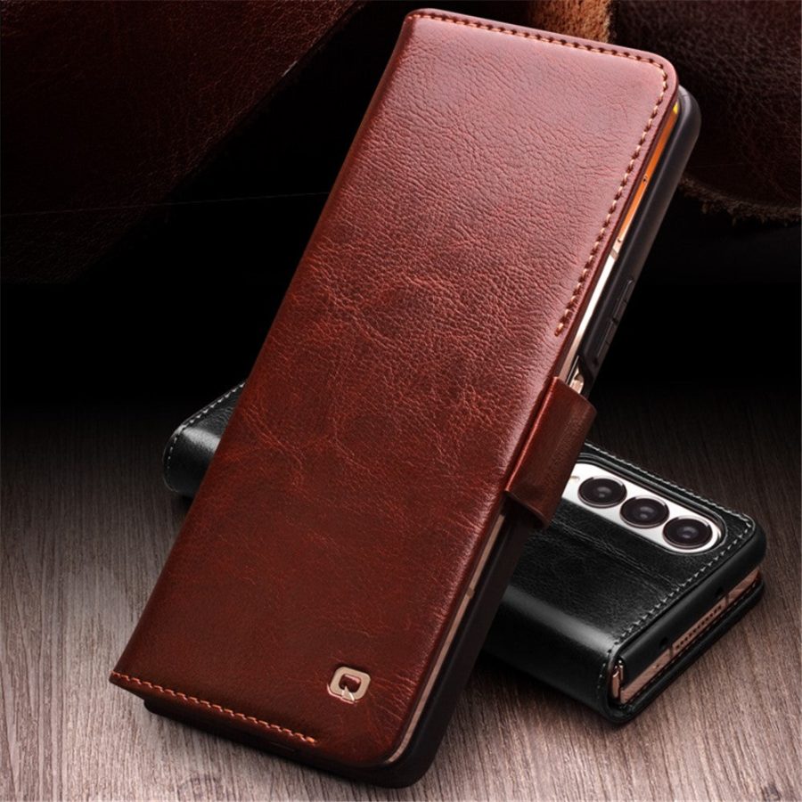 660172237B-7 QIALINO For Samsung Galaxy Z Fold4 Wallet Case Waxy Genuine Leather Flip Phone Cover with Magnetic Closure