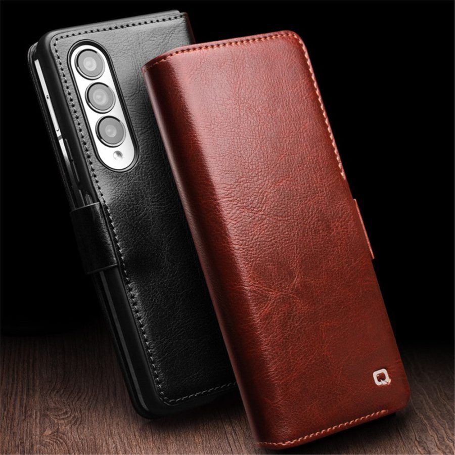 660172237B-8 QIALINO For Samsung Galaxy Z Fold4 Wallet Case Waxy Genuine Leather Flip Phone Cover with Magnetic Closure