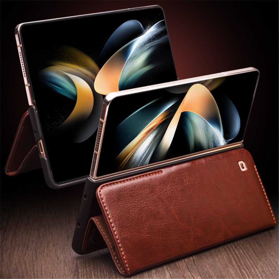 660172237B-9 QIALINO For Samsung Galaxy Z Fold4 Wallet Case Waxy Genuine Leather Flip Phone Cover with Magnetic Closure
