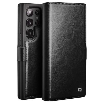660178313A-1 QIALINO For Samsung Galaxy S24 Ultra Wallet Case Waxy Genuine Leather Magnetic Closure Flip Phone Cover