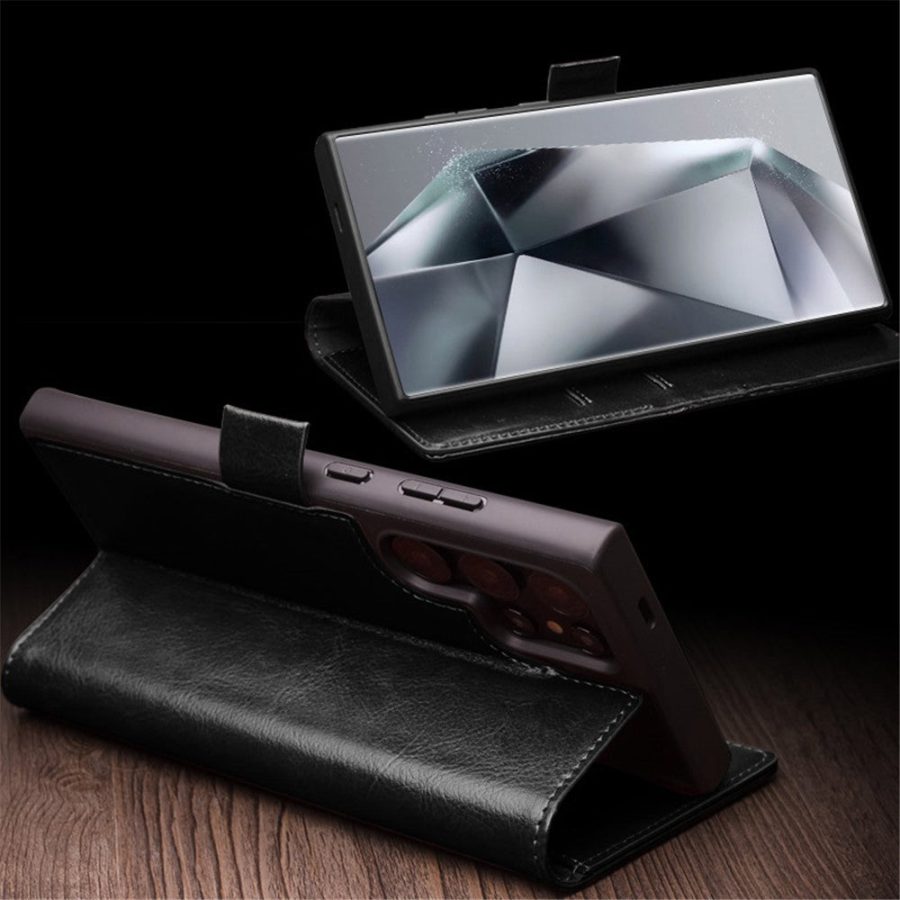 660178313A-5 QIALINO For Samsung Galaxy S24 Ultra Wallet Case Waxy Genuine Leather Magnetic Closure Flip Phone Cover