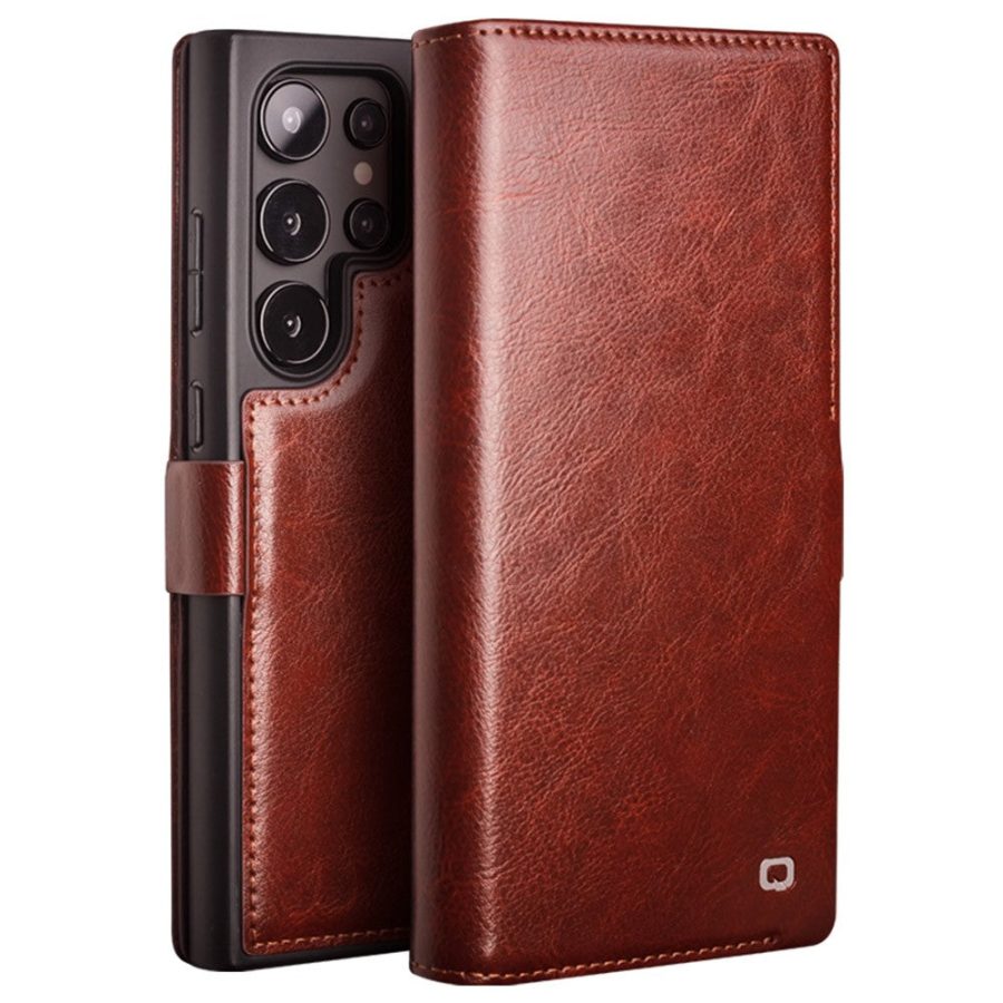 660178313B-1 QIALINO For Samsung Galaxy S24 Ultra Wallet Case Waxy Genuine Leather Magnetic Closure Flip Phone Cover