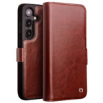 QIALINO For Samsung Galaxy S24 Wallet Case Waxy Genuine Leather Magnetic Closure Flip Phone Cover