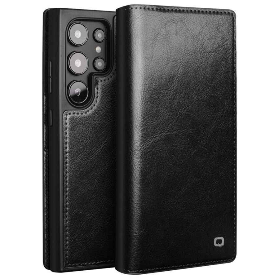 660178316A-1 QIALINO For Samsung Galaxy S24 Ultra Wallet Case Waxy Genuine Leather Flip Phone Cover