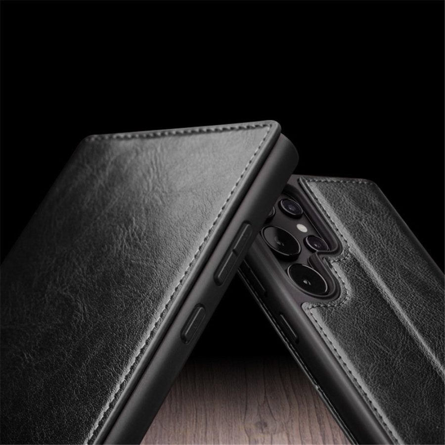 660178316A-10 QIALINO For Samsung Galaxy S24 Ultra Wallet Case Waxy Genuine Leather Flip Phone Cover