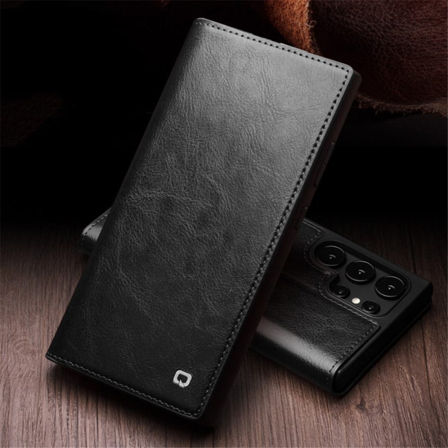 660178316A-4 QIALINO For Samsung Galaxy S24 Ultra Wallet Case Waxy Genuine Leather Flip Phone Cover