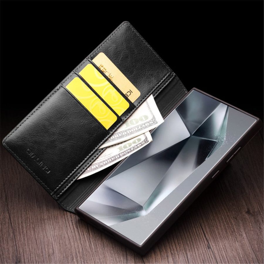 660178316A-7 QIALINO For Samsung Galaxy S24 Ultra Wallet Case Waxy Genuine Leather Flip Phone Cover