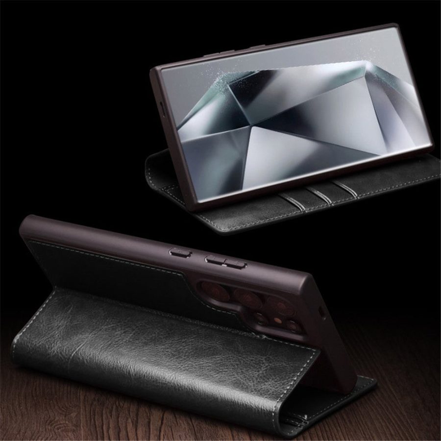 660178316A-8 QIALINO For Samsung Galaxy S24 Ultra Wallet Case Waxy Genuine Leather Flip Phone Cover