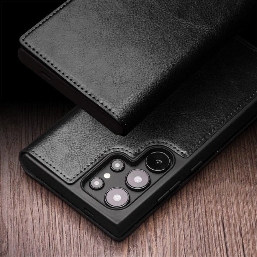 660178316A-9 QIALINO For Samsung Galaxy S24 Ultra Wallet Case Waxy Genuine Leather Flip Phone Cover