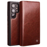QIALINO For Samsung Galaxy S24 Ultra Wallet Case Waxy Genuine Leather Flip Phone Cover