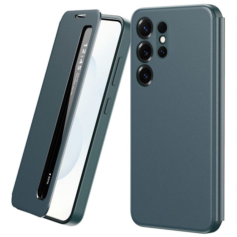 For Samsung Galaxy S22 Ultra 5G Case Smart View Window Leather Phone Cover Green Galaxy S22 Ultra by The Case Factory