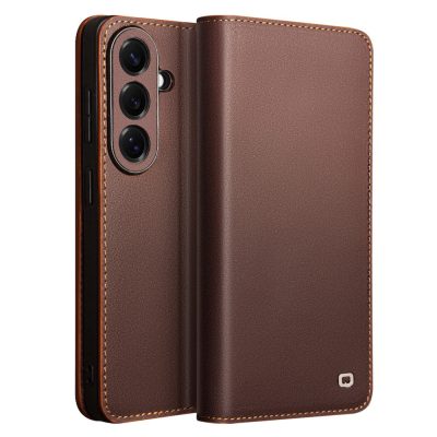 6601199205A-1 QIALINO For Samsung Galaxy S26+ Wallet Case Matte Genuine Leather Flip Phone Cover Brown Galaxy S26+ by The Case Factory