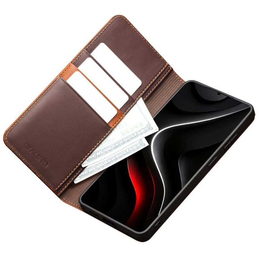 6601199205A-3 QIALINO For Samsung Galaxy S26+ Wallet Case Matte Genuine Leather Flip Phone Cover by The Case Factory