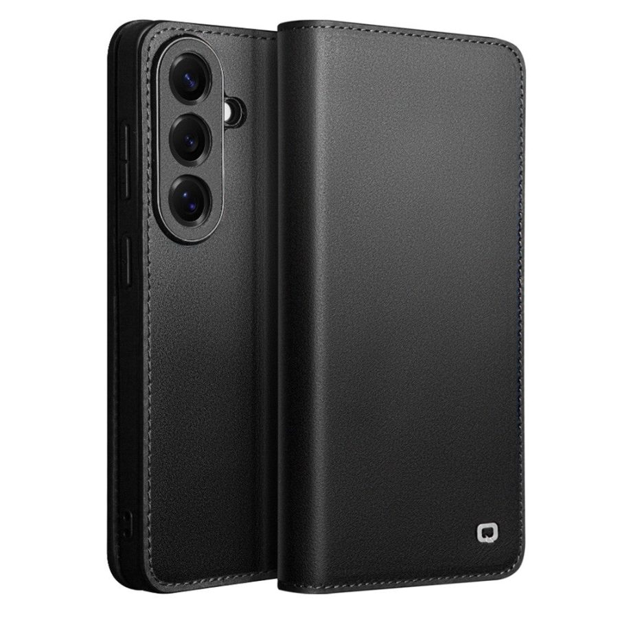 6601199205B-1 QIALINO For Samsung Galaxy S26+ Wallet Case Matte Genuine Leather Flip Phone Cover Black Galaxy S26+ by The Case Factory