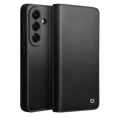 6601199206A-1 QIALINO For Samsung Galaxy S26 / S26 Pro Wallet Case Matte Genuine Leather Flip Phone Cover Black by The Case Factory