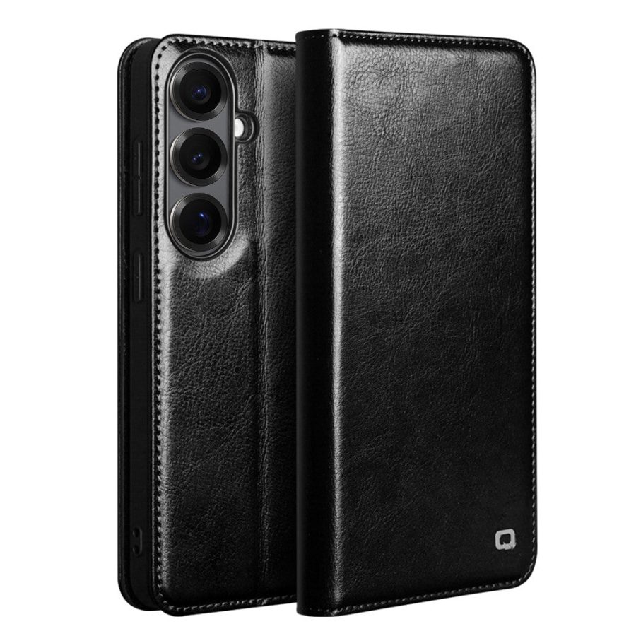 6601199213A-1 QIALINO For Samsung Galaxy S26 / S26 Pro Wallet Case Waxy Genuine Leather Flip Phone Cover by The Case Factory