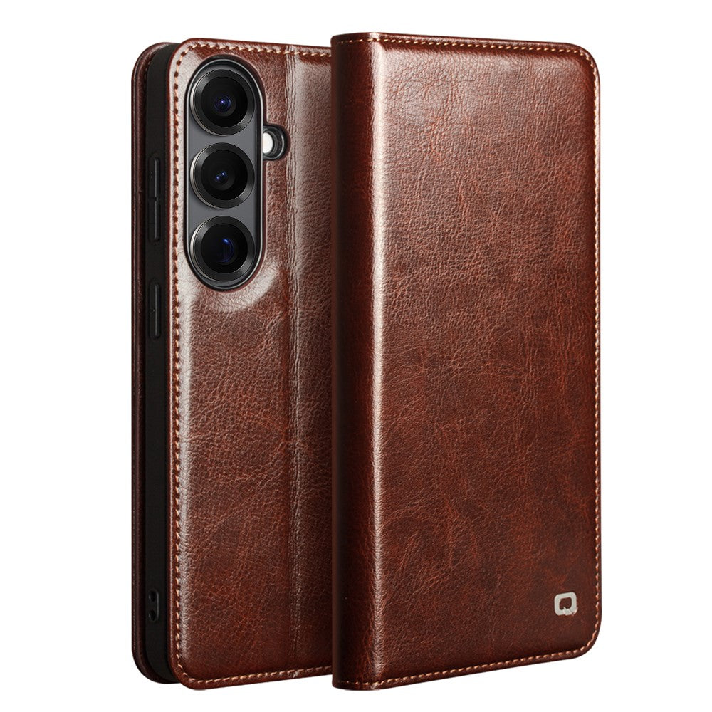 QIALINO For Samsung Galaxy S26 / S26 Pro Wallet Case Waxy Genuine Leather Flip Phone Cover Brown by The Case Factory
