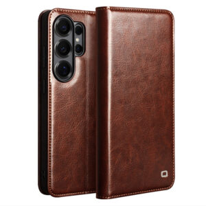 QIALINO For Samsung Galaxy S26 Ultra Wallet Case Waxy Genuine Leather Flip Phone Cover Brown Galaxy S26 Ultra by The Case Factory