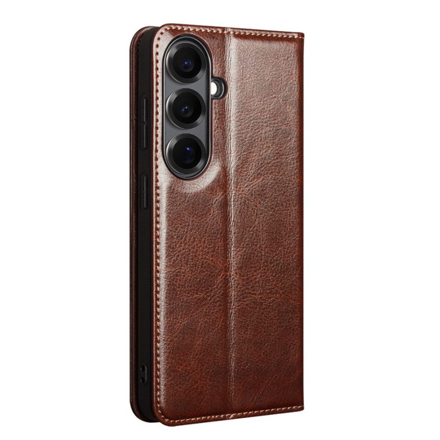 6601199215A-4 QIALINO For Samsung Galaxy S26+ Wallet Case Waxy Genuine Leather Flip Phone Cover by The Case Factory