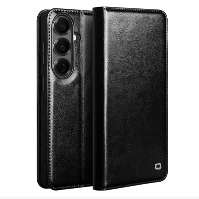 6601199215B-1 QIALINO For Samsung Galaxy S26+ Wallet Case Waxy Genuine Leather Flip Phone Cover Black Galaxy S26+ by The Case Factory