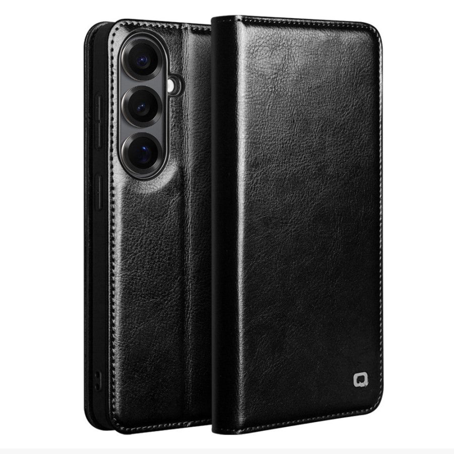 6601199215B-1 QIALINO For Samsung Galaxy S26+ Wallet Case Waxy Genuine Leather Flip Phone Cover Black Galaxy S26+ by The Case Factory