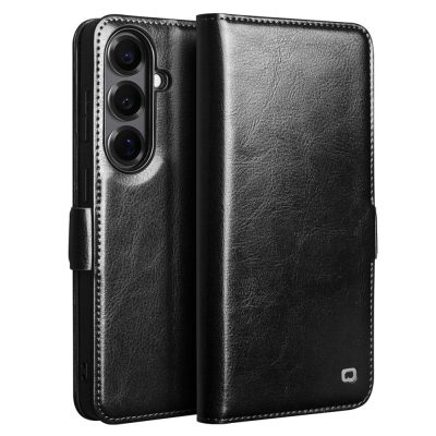 6601199335A-1 QIALINO For Samsung Galaxy S26+ Wallet Case Waxy Genuine Leather Magnetic Closure Flip Phone Cover Black Galaxy S26+ by The Case Factory