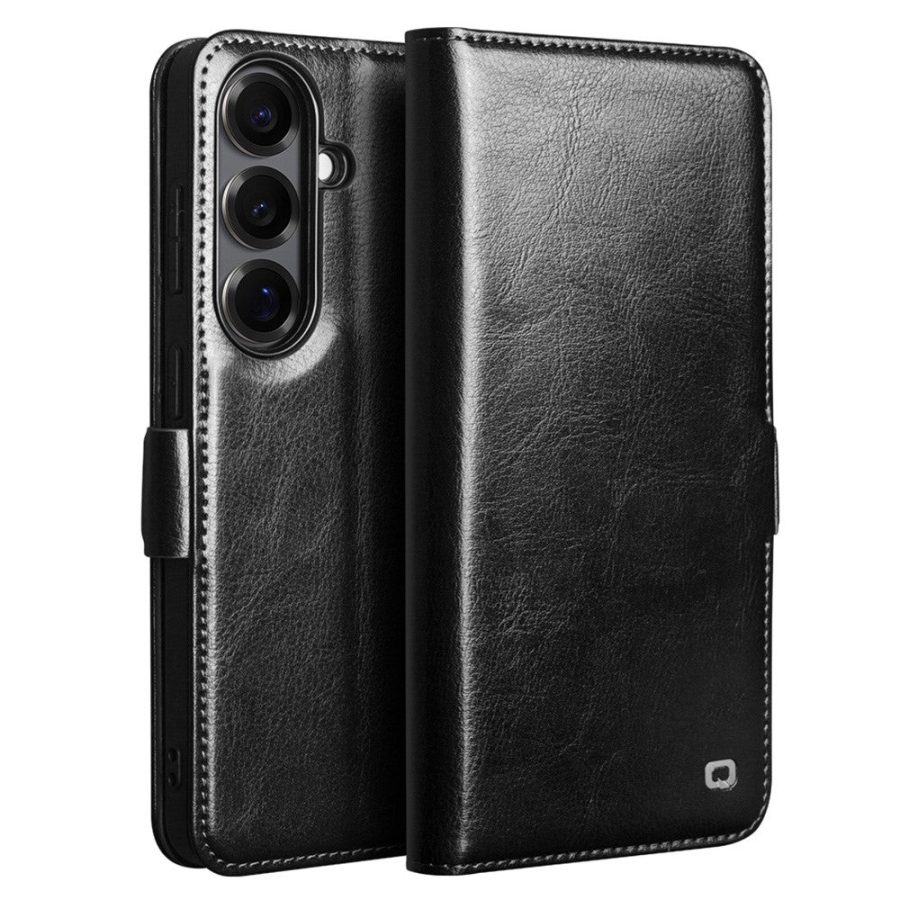 6601199335A-1 QIALINO For Samsung Galaxy S26+ Wallet Case Waxy Genuine Leather Magnetic Closure Flip Phone Cover Black Galaxy S26+ by The Case Factory