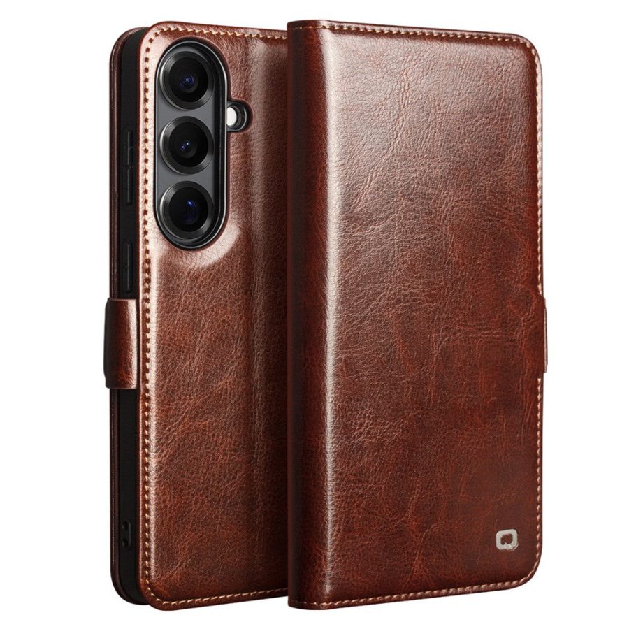6601199335B-1 QIALINO For Samsung Galaxy S26+ Wallet Case Waxy Genuine Leather Magnetic Closure Flip Phone Cover Brown Galaxy S26+ by The Case Factory