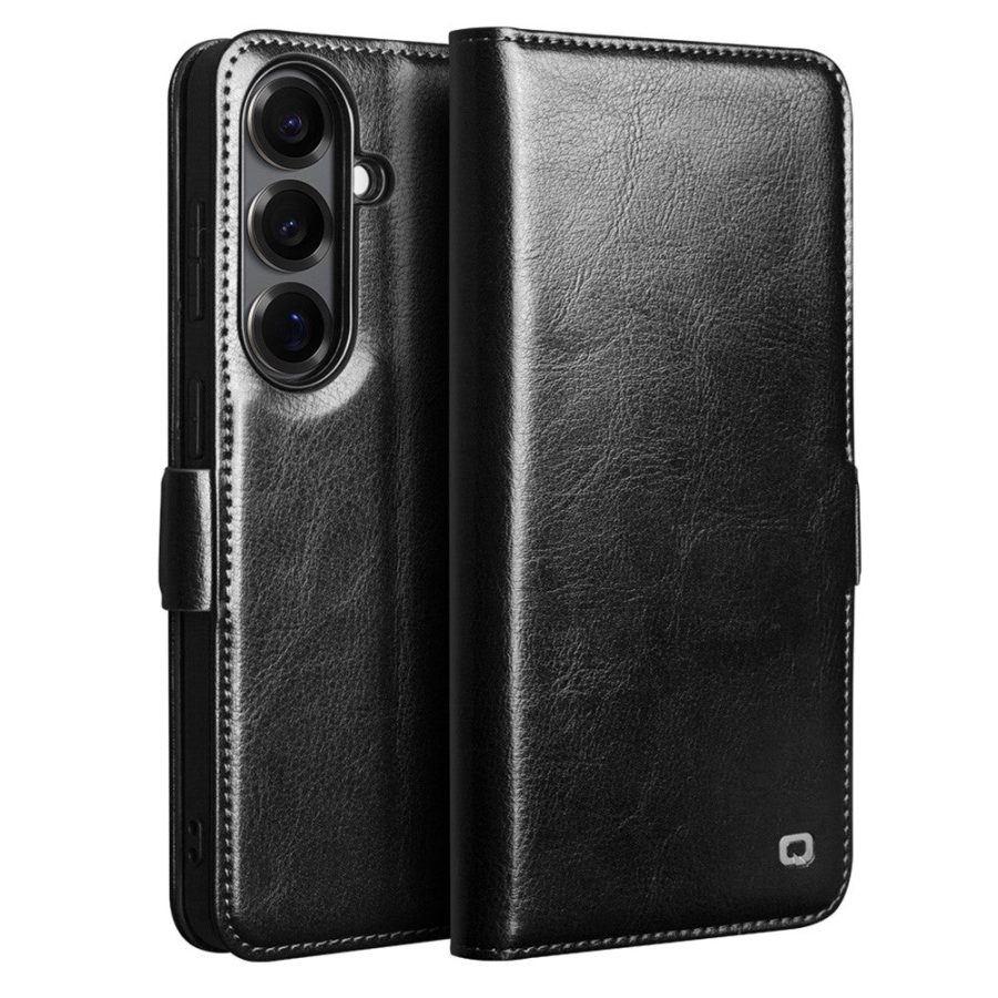 6601199336A-1 QIALINO For Samsung Galaxy S26 Wallet Case Waxy Genuine Leather Magnetic Closure Flip Phone Cover by The Case Factory