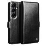 QIALINO For Samsung Galaxy S26 Wallet Case Waxy Genuine Leather Magnetic Closure Flip Phone Cover Black Galaxy S26 by The Case Factory