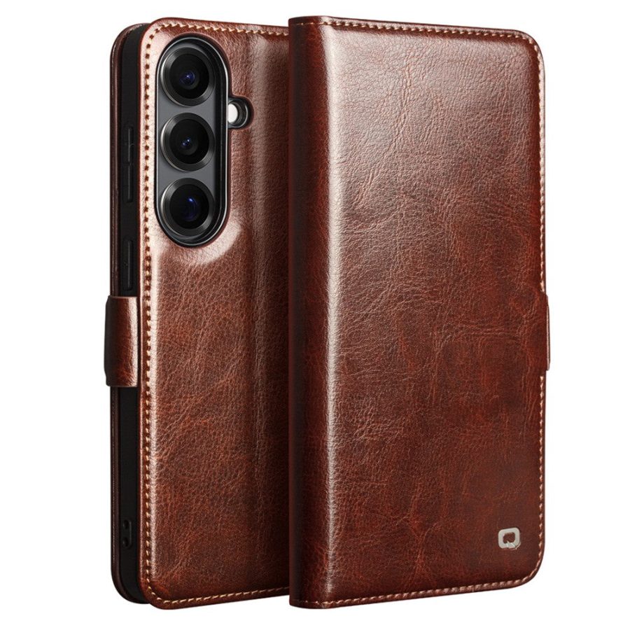 6601199336B-1 QIALINO For Samsung Galaxy S26 Wallet Case Waxy Genuine Leather Magnetic Closure Flip Phone Cover Brown Galaxy S26 by The Case Factory