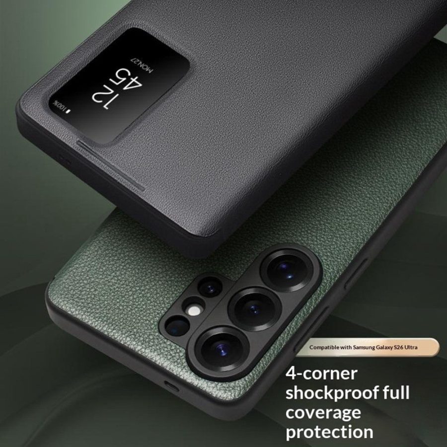6601202772A-6 QIALINO For Samsung Galaxy S26 Ultra Wallet Case Genuine Leather Flip Phone Cover with Smart View Window by The Case Factory