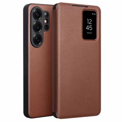 6601202772B-1 QIALINO For Samsung Galaxy S26 Ultra Wallet Case Genuine Leather Flip Phone Cover with Smart View Window Brown Galaxy S26 Ultra by The Case Factory