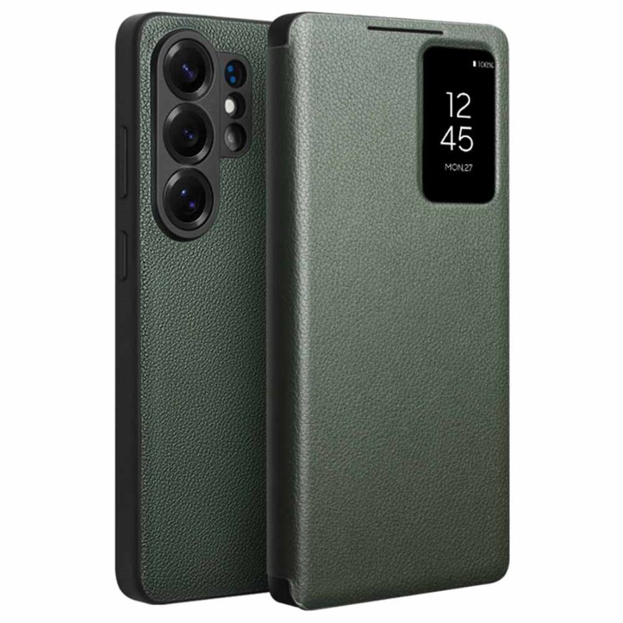 6601202772C-1 QIALINO For Samsung Galaxy S26 Ultra Wallet Case Genuine Leather Flip Phone Cover with Smart View Window Green Galaxy S26 Ultra by The Case Factory