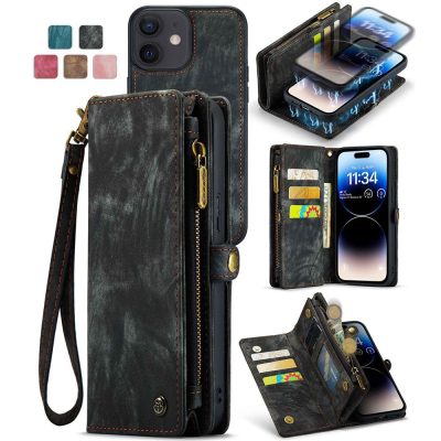 101123267A-1 CASEME For iPhone 12 Case 2-in-1 Detachable Magnetic Zipper Wallet Vegan Leather Flip Cover