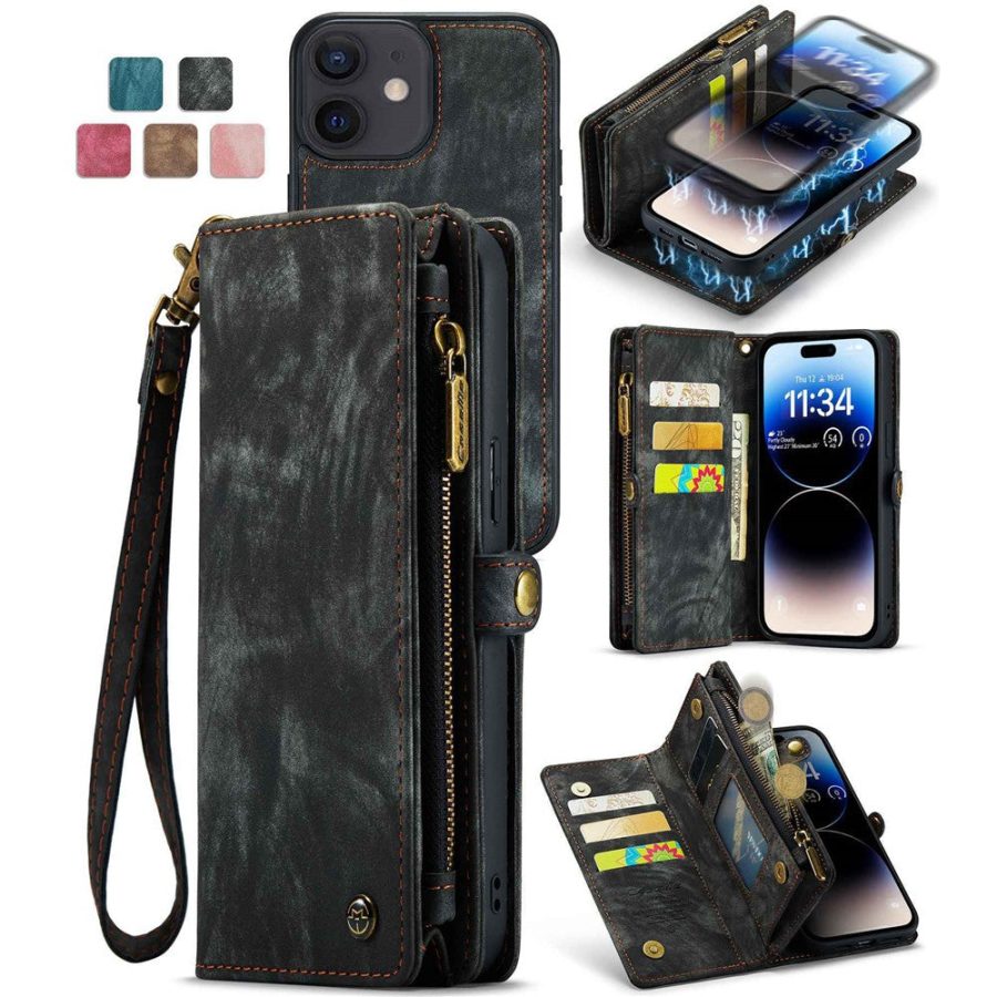 101123267A-1 CASEME For iPhone 12 Case 2-in-1 Detachable Magnetic Zipper Wallet Vegan Leather Flip Cover