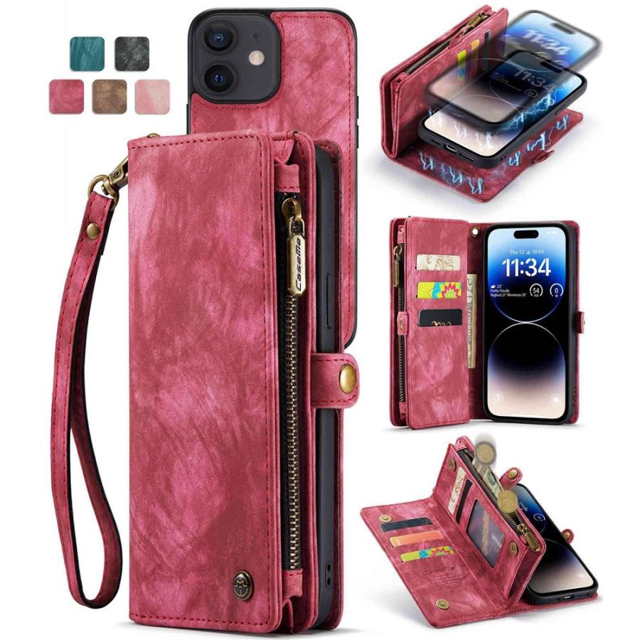 101123267B-1 CASEME For iPhone 12 Case 2-in-1 Detachable Magnetic Zipper Wallet Vegan Leather Flip Cover