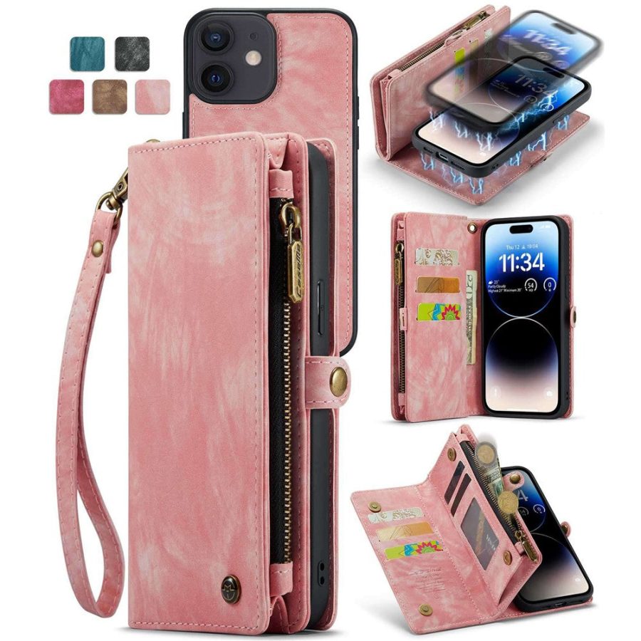 101123267E-1 CASEME For iPhone 12 Case 2-in-1 Detachable Magnetic Zipper Wallet Vegan Leather Flip Cover